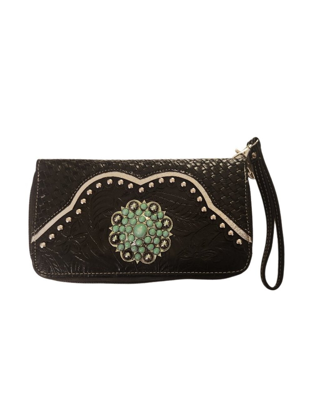 Black Western Turquoise Concho Tooled Look Wristlet Wallet NWOT